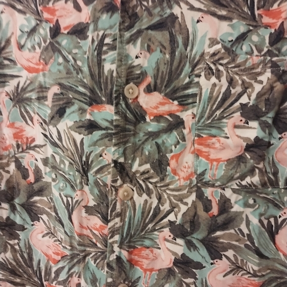 GoodFellow & Co. Mens Floral Green Plants Pink Flamingos Button Up Tropical LG - Picture 3 of 7